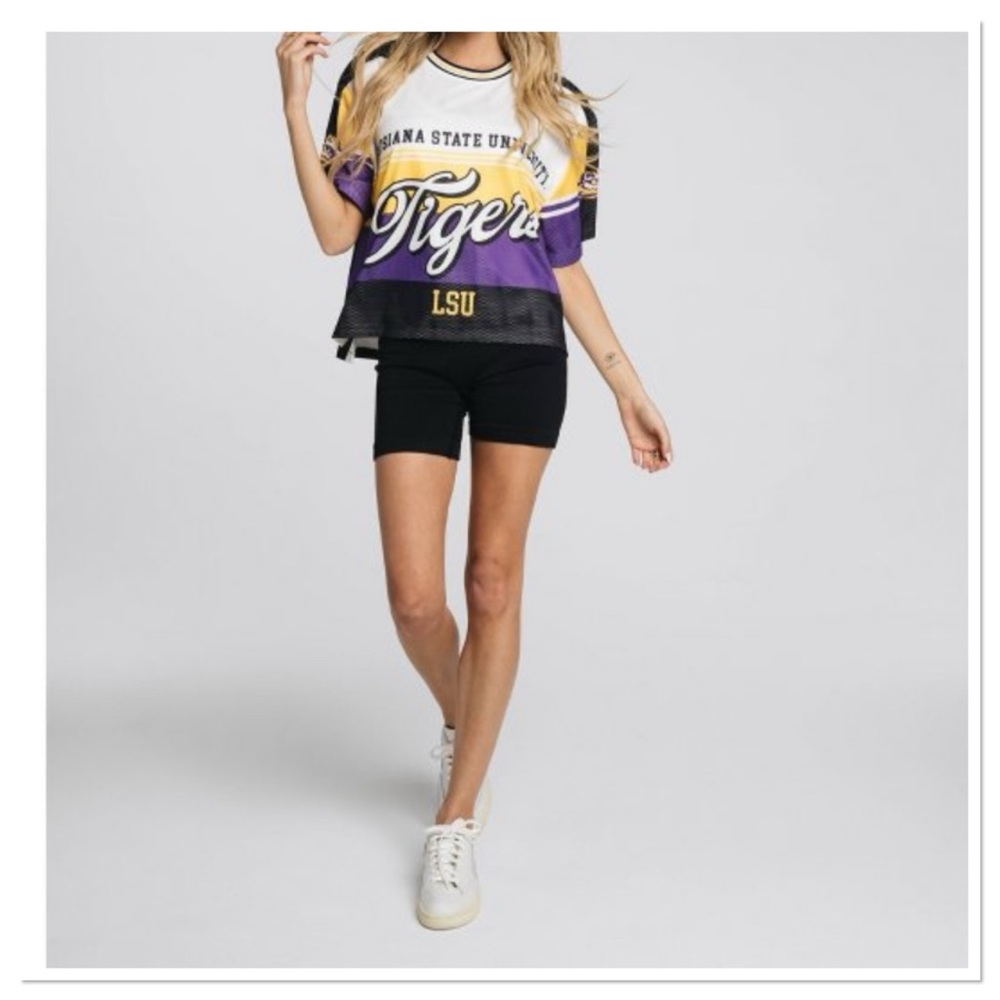 NCAA LSU Tigers Women's Crew Neck Mesh Colorblock Jersey Wild Collective